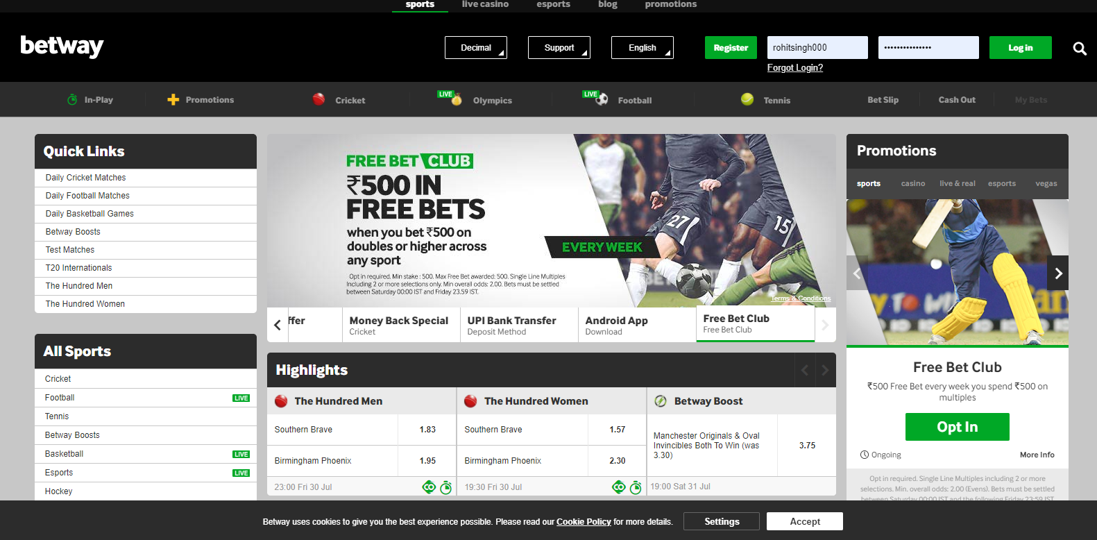 Join Betway’s Free Bet Club