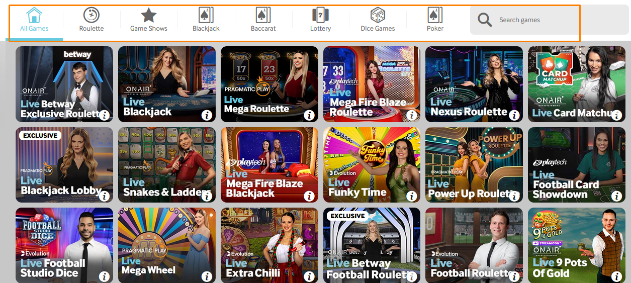 Betway live casino games